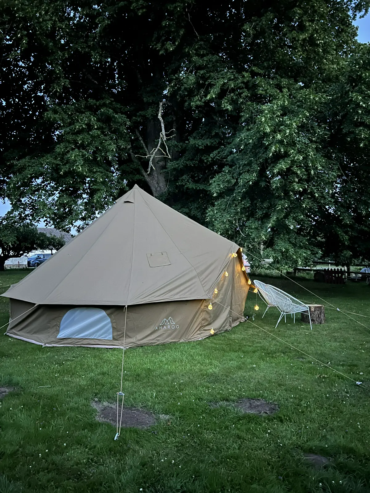 Glampingteltet 'Under linden' (L) med dobbeltseng 180x200, placeret i parken med udsigt over mark